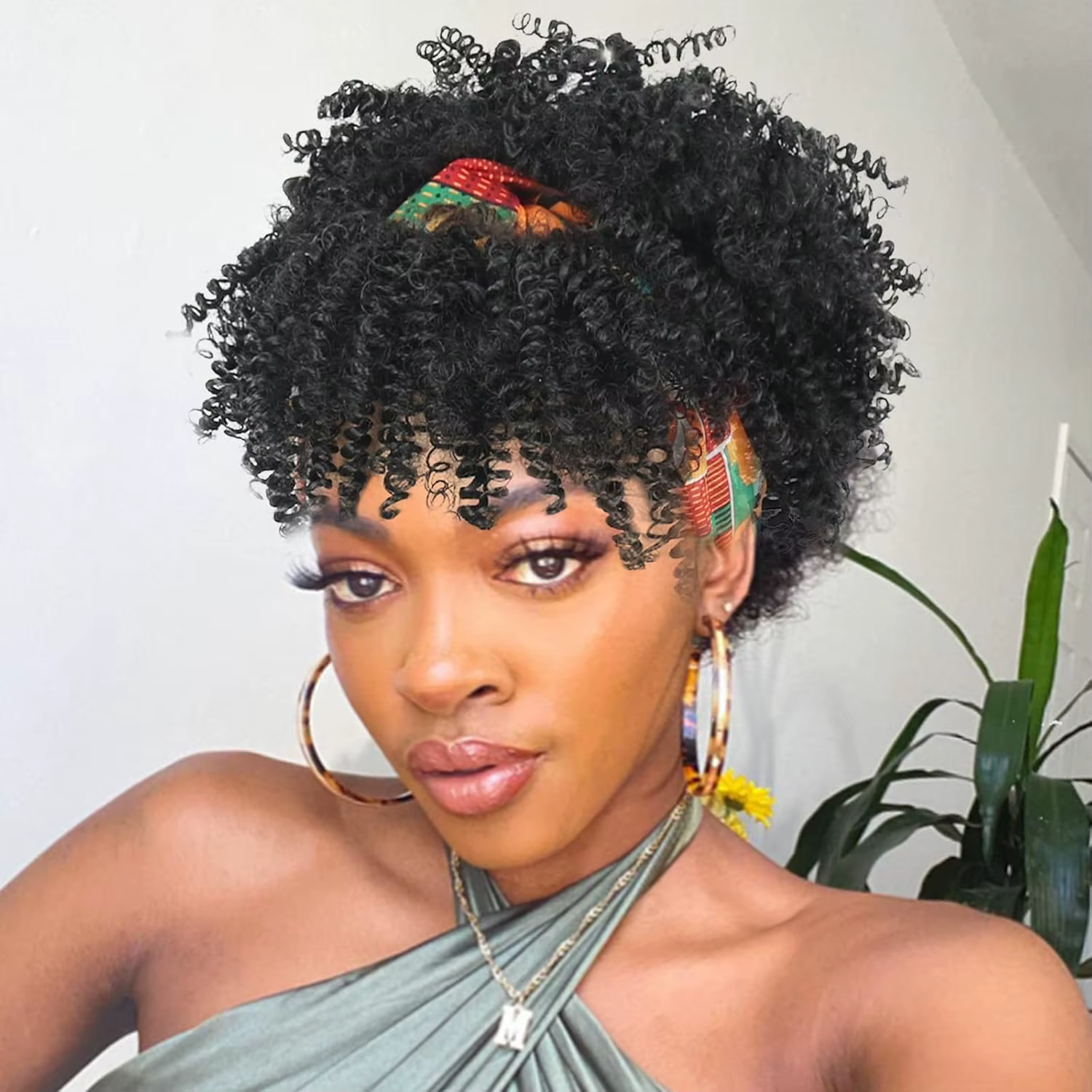Perruque de cheveux bouclés pour femmes noires avec foulard et pompon, perruque enveloppée 2 en 1, p