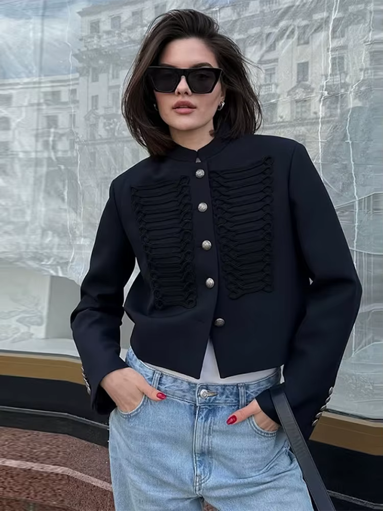 Veste Vintage Femme Col Montant Simple Boutonnage Manches Longues Style Napoléon Manteau Chic Haut d