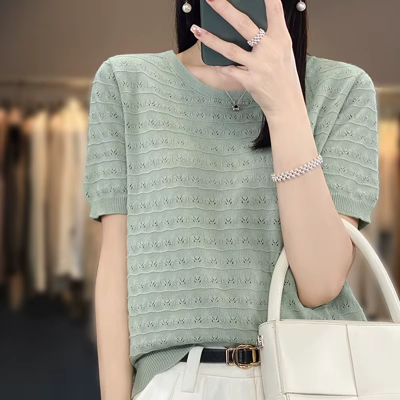 Pull décontracté à col rond pour femme, 2023 coton, manches courtes, haut tendance coréen, été, nouv