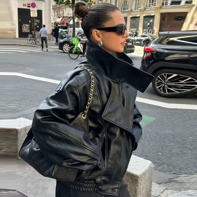 HXAO Faux cuir noir vestes pour femme nouveauté recadrée surdimensionné Bomber veste fermeture éclai