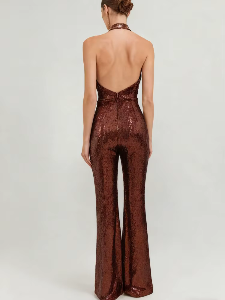 VC-Combinaisons dos nu à paillettes dorées pour femmes, vêtements féminins une pièce, design de luxe