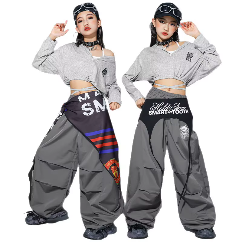 Crop top à lettres K-pop pour filles, pantalon cargo, streetwear pour enfants, costume de groupe de 