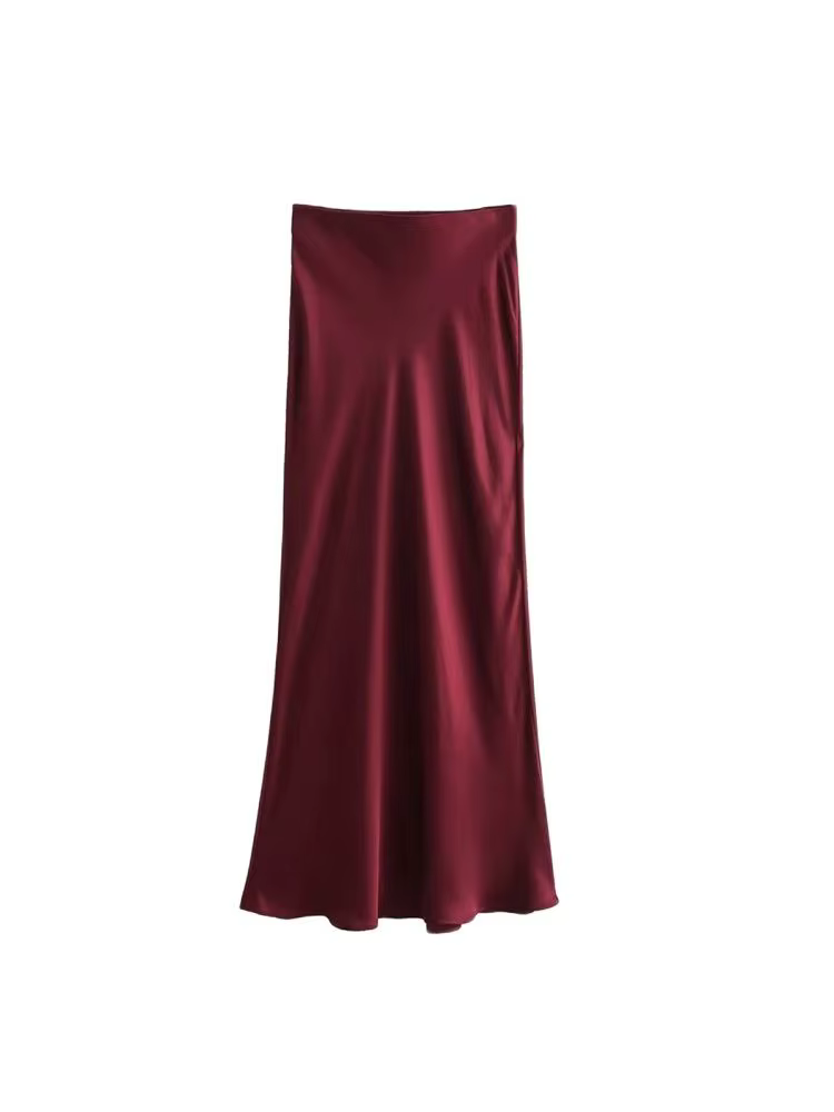 Jupe mi-longue semblable à de soie pour femmes, doux au toucher, taille haute, ceinture élastique, C