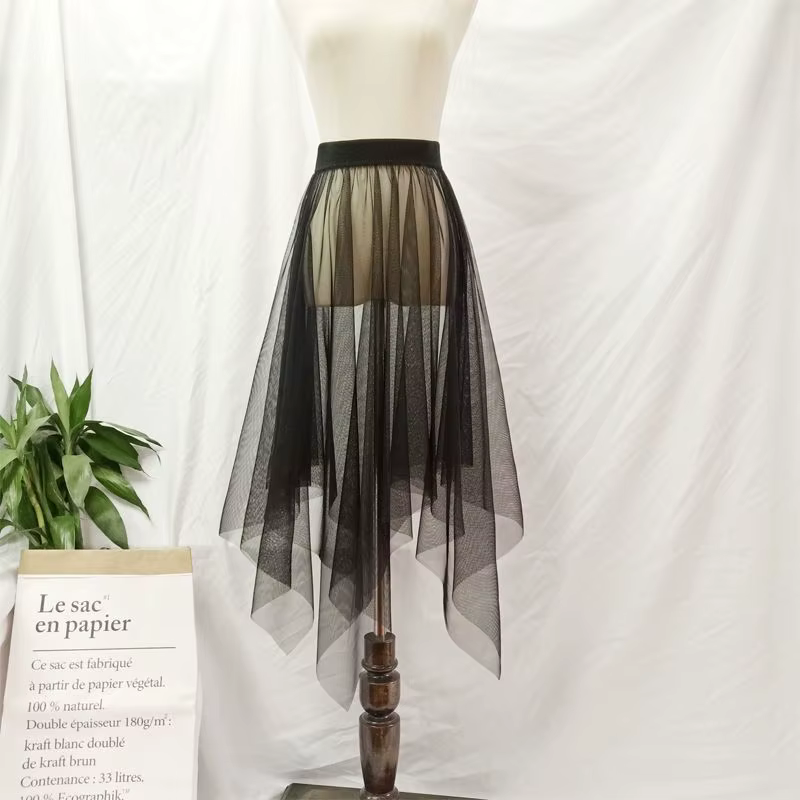 Jupon d'été longue couche transparente, Tulle noir et blanc, jupe en maille et dentelle, sous-jupe p
