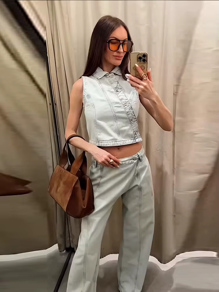 Nouvel ensemble 2026 : Gilet en jean et pantalon pour femme – Veste ajustée sans manches à revers et
