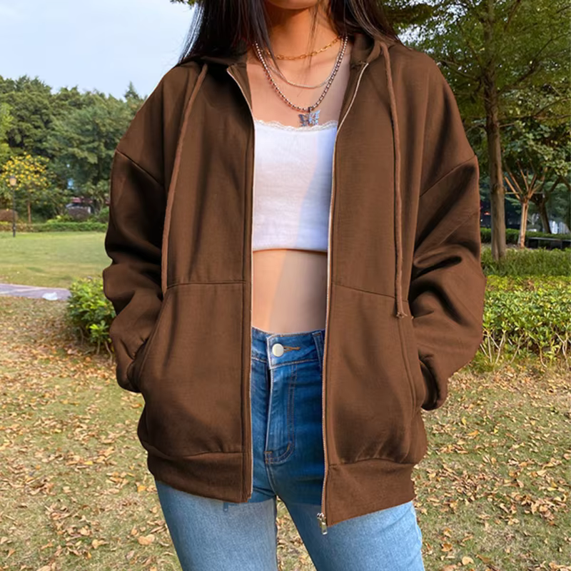 Sweat à capuche en polaire, couleur unie, mode coréenne, haut à manches longues, poches avec cordon 