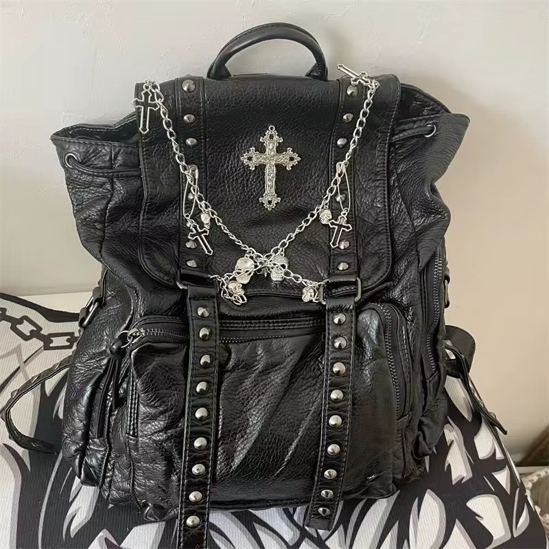 Grunge Rivet noir Y2k sac à dos femmes gothique sous-culture Punk croix noir Mochila dames Vintage H