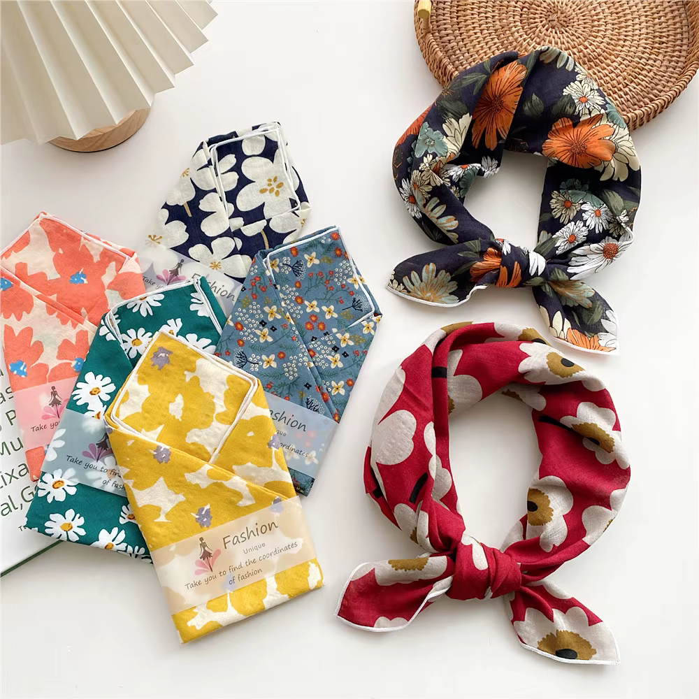 Foulard carré en coton et lin de 55 cm pour femmes, style coréen, pour étudiantes, mode printemps-au
