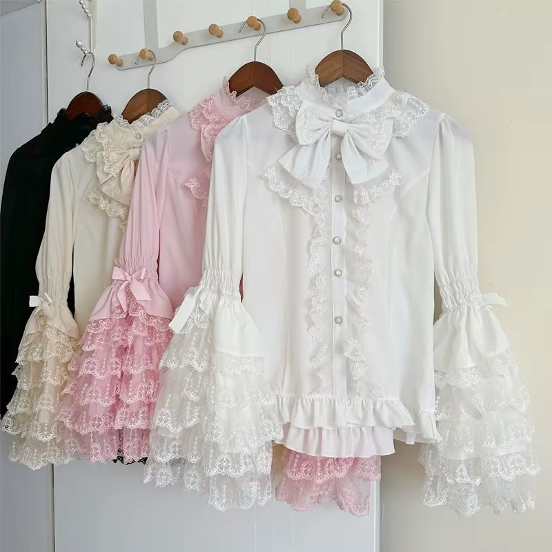 Chemise Lolita gothique et douce – Chemisier à volants à manches longues pour robes JSK, haut en den