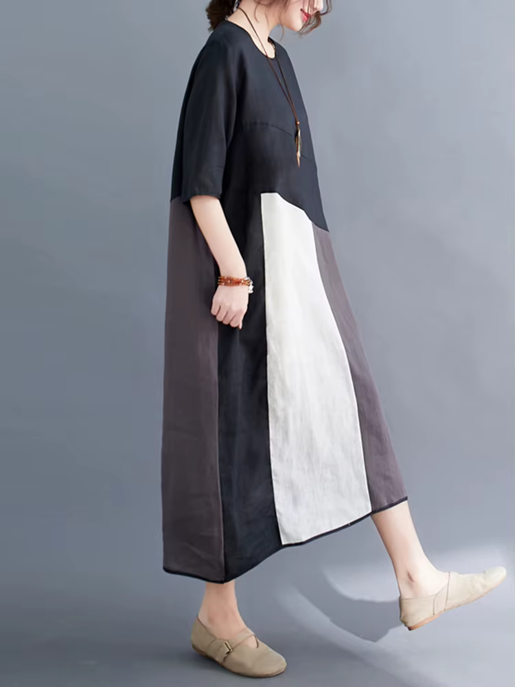 Robes en coton et lin vintage à contraste de couleurs pour femmes, nouvelle robe d'été décontractée