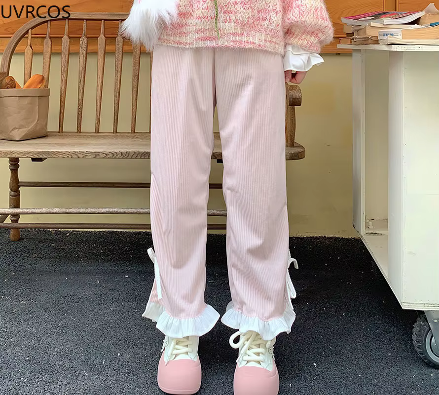 Pantalon en velours côtelé à nœud rose pour femme, style Sweet Lolita, volants Kawaii, bandage latér