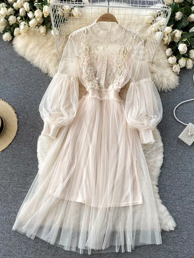 Robe tridimensionnelle pour femmes, crochet à fleurs, maille, tempérament, col montant, manches lant