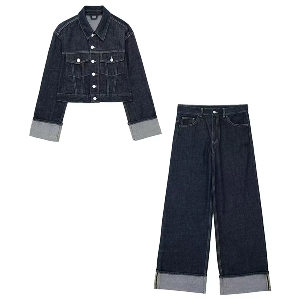HH femmes mode Denim ensemble décontracté revers à manches longues veste courte boutons femme Vintag