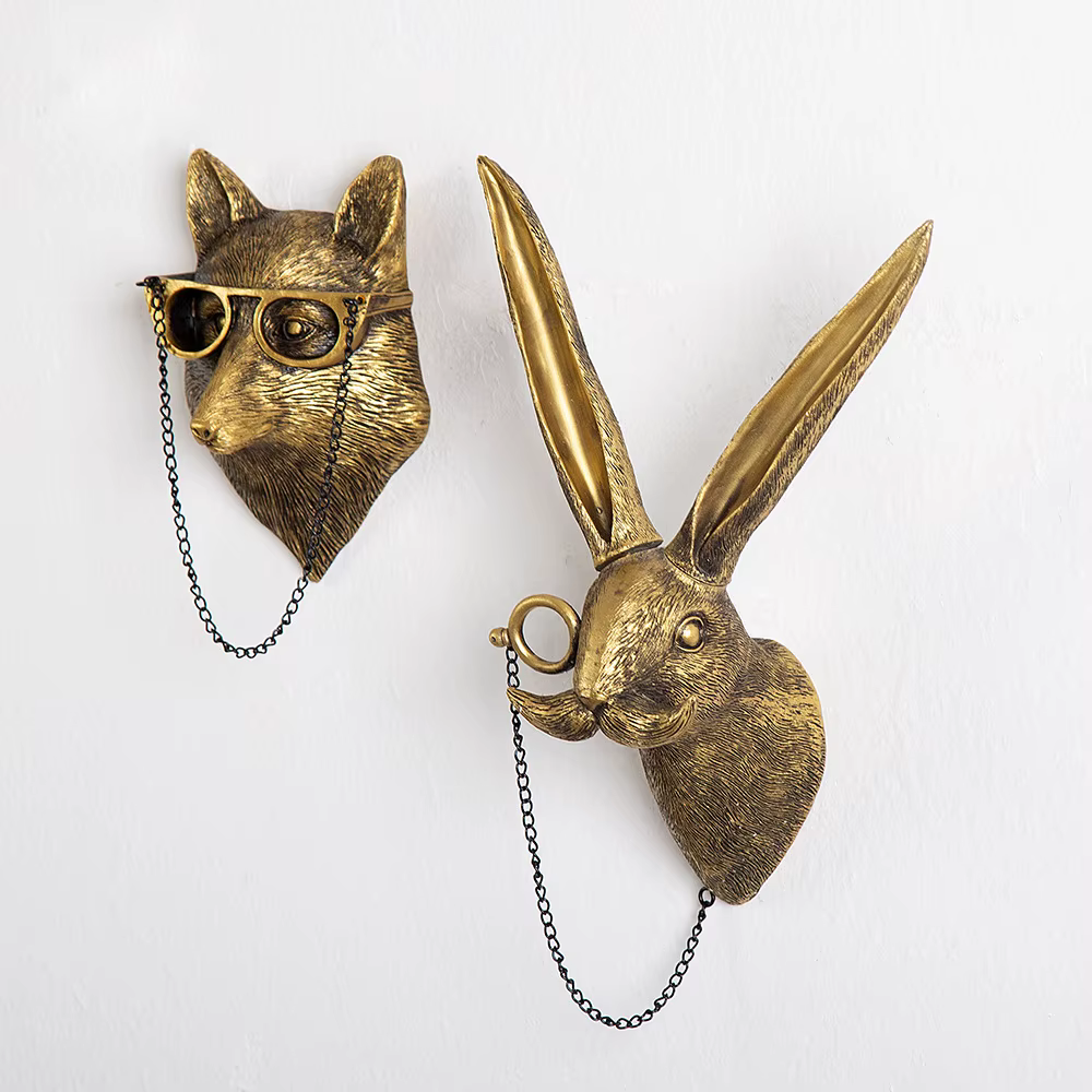 Pendentif Animal en résine Bronze Antique, tête de cerf doré, crochet de rangement mural, accessoire