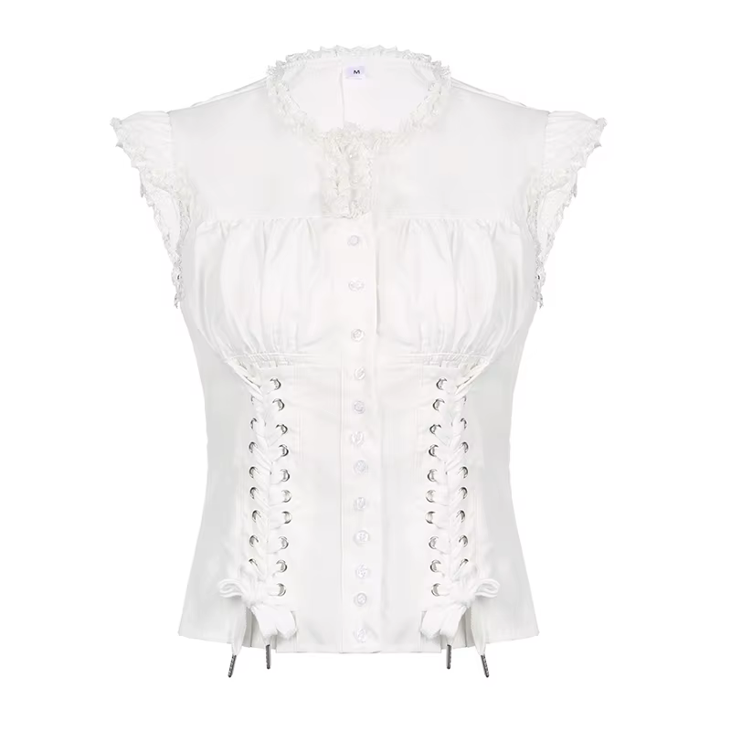Haut court blanc à volants boutonnés pour femmes, t-shirt à manches courtes, Fairycore, t-shirt chic