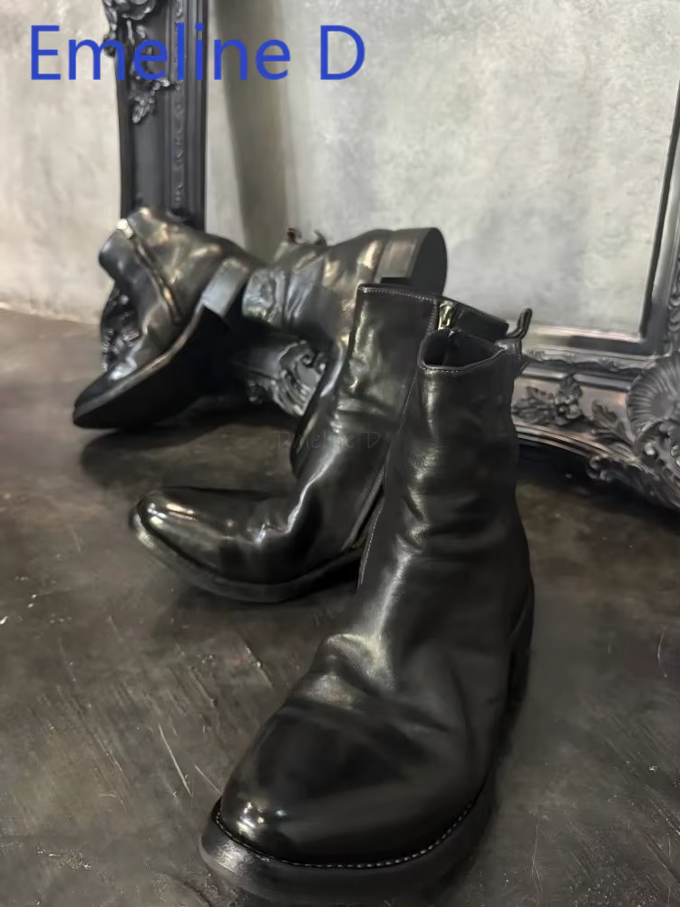 Bottes courtes plissées verticales avec fermeture éclair latérale, en cuir noir, Style minimaliste, 