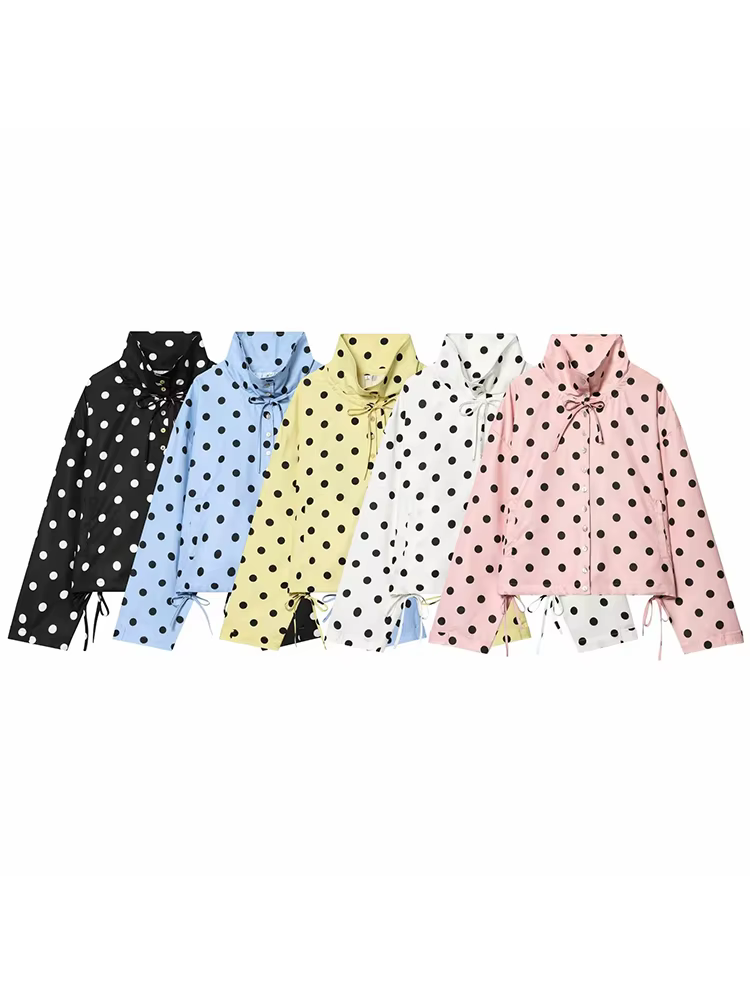 Veste rose à pois à manches longues pour femme, manteau décontracté à col montant et simple boutonna