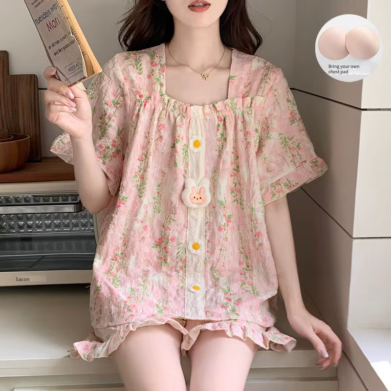 Pyjama Kawaii à imprimé floral pour femmes, 2 pièces avec coussinet de poitrine, col carré, manches