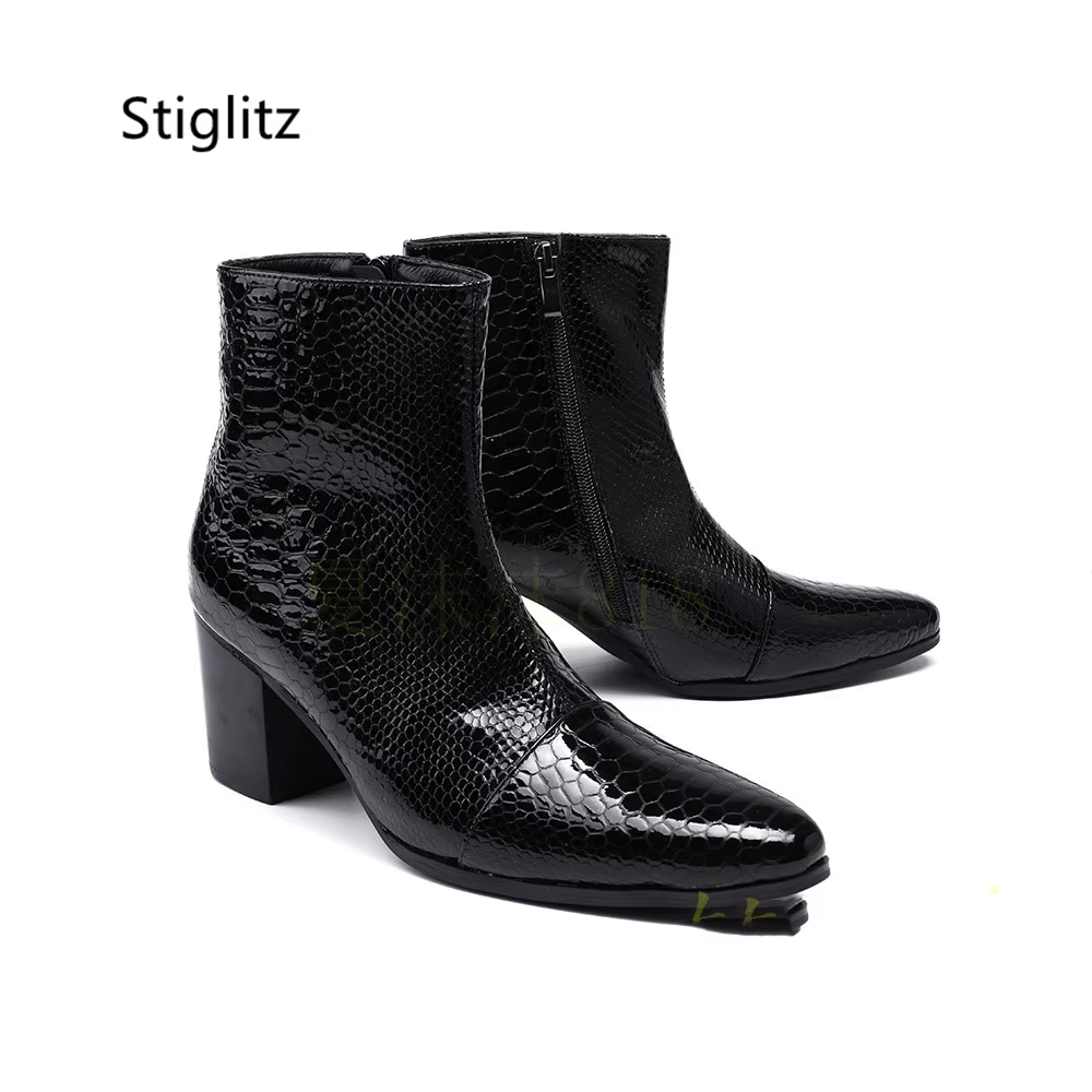 Bottines en cuir véritable pour hommes, noir et rouge, talons hauts de 8Cm, motif serpent rétro, bou
