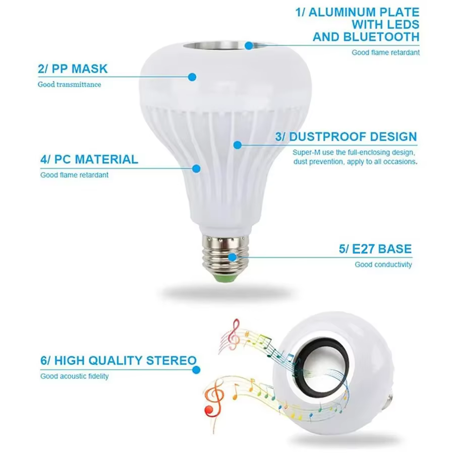 Ampoule de musique avec haut-parleur Bluetooth E27, 12W, télécommande RGB, 85-265V, pour chambre à c