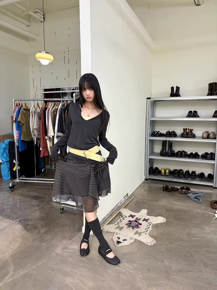 Deeptown Vintage Plaid maille jupes femmes japonais asymétrique mi jupe Y2k Harajuku à lacets jupes 