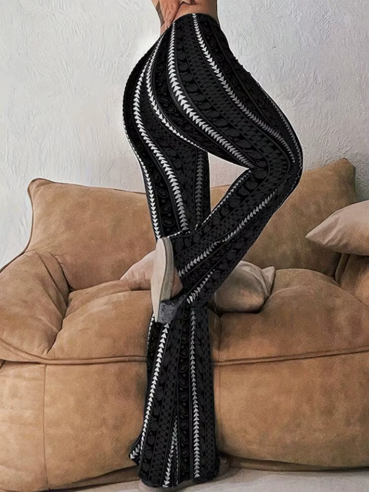 Femmes pantalons rétro imprimé Leggings évasés Sexy coupe ajustée pantalons décontractés Style de ru