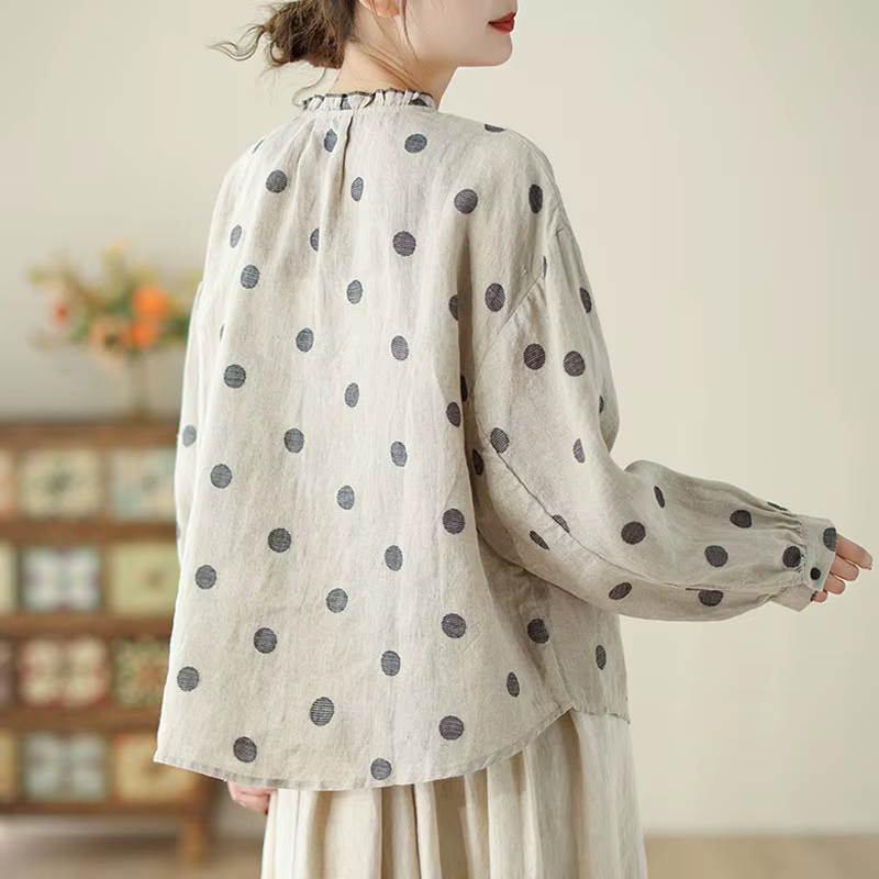 Chemises décontractées à manches longues pour femmes, style vintage, col rond, pois, coton, lin, pri