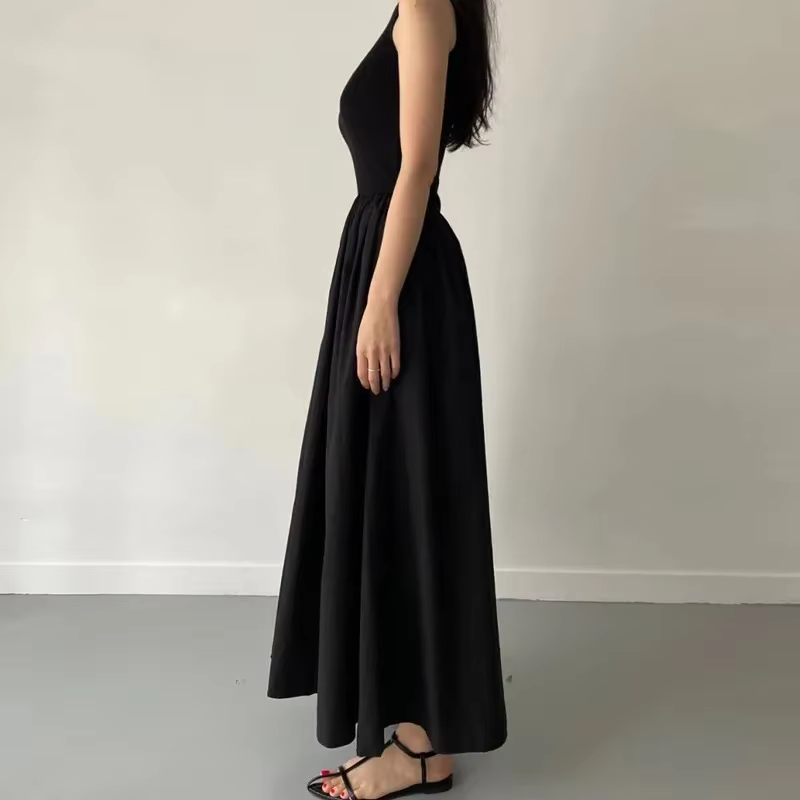 Robe longue noire Simple et élégante pour femmes, col rond, sans manches, taille haute, tempérament,