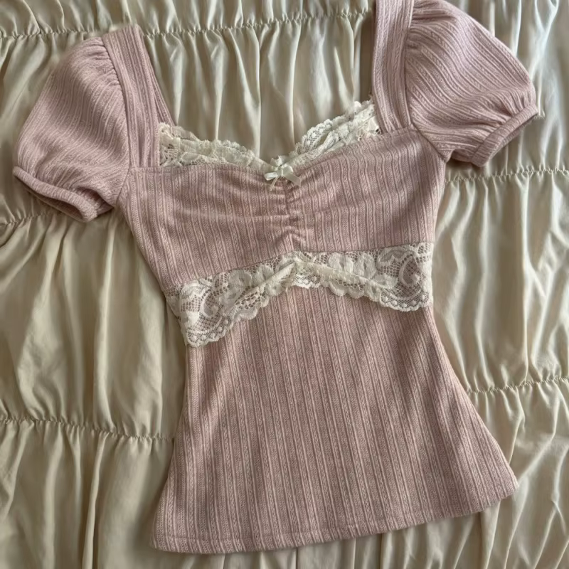 Hauts Y2K Grunge à manches courtes pour femmes, chemise estivale en dentelle patchwork, style coquet