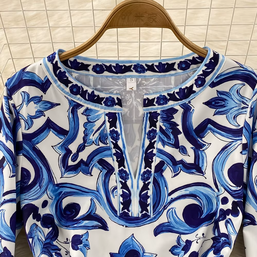 L'été Piste Bleu Et Blanc Porcelaine Lâche Longue Robe Femmes O-cou Manches Évasées Floral Inmprimé 
