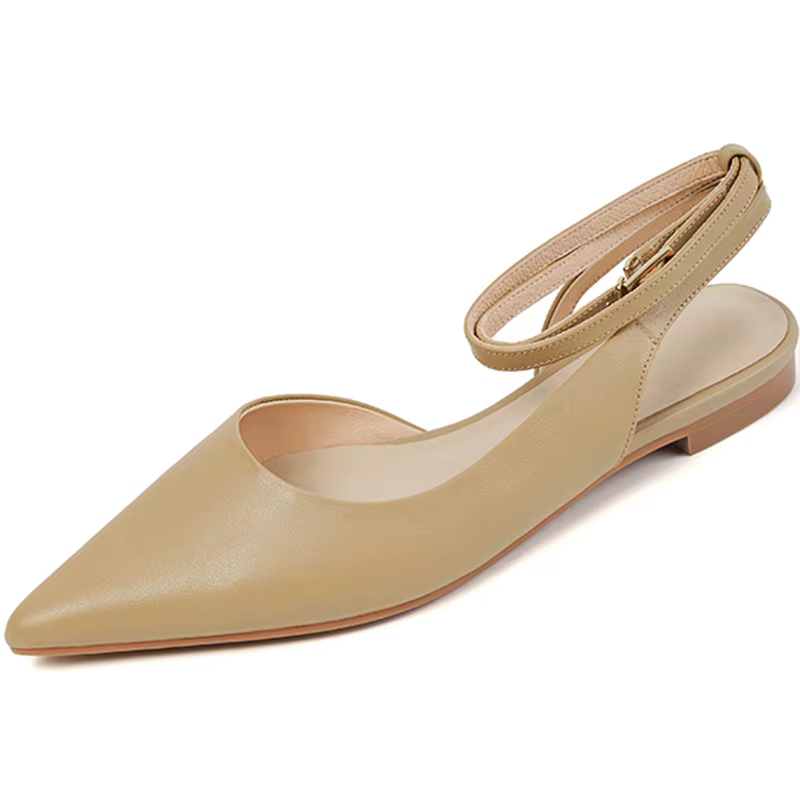 Sandales en Cuir group pour Femme, Chaussures Plates Beige Abricot, Fermées, Pointues, Slingbacks, P