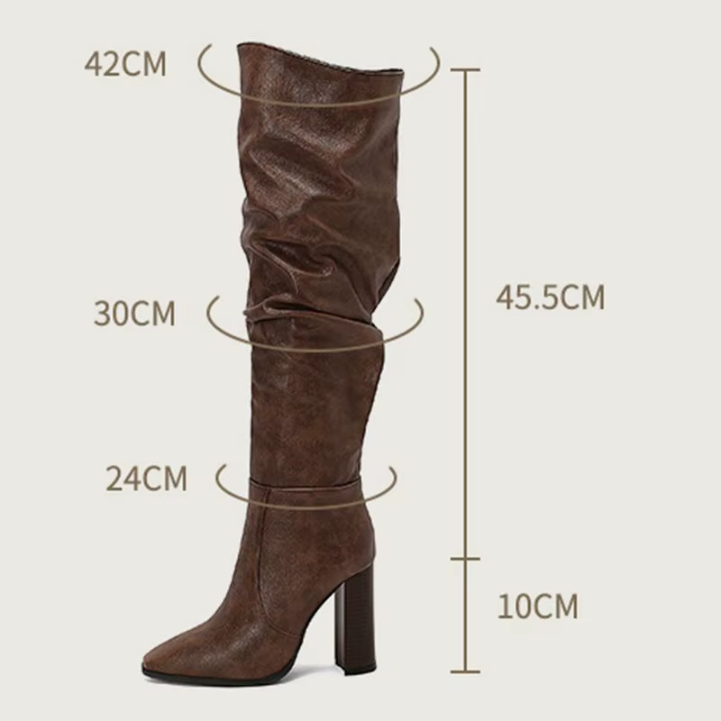 Girseaby femme cuissardes bout carré fermeture éclair plissé bloc talons grande taille 47 48 49 50 d