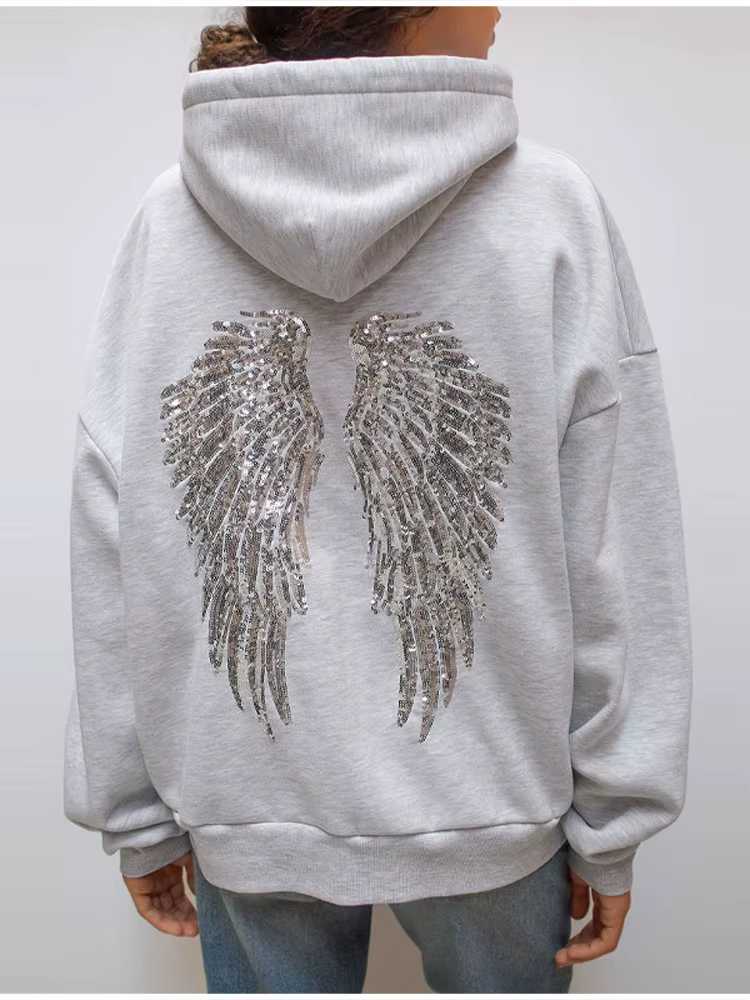 Sweat à capuche imprimé ailes à paillettes pour femmes, élégant et décontracté, tendance, facile à a