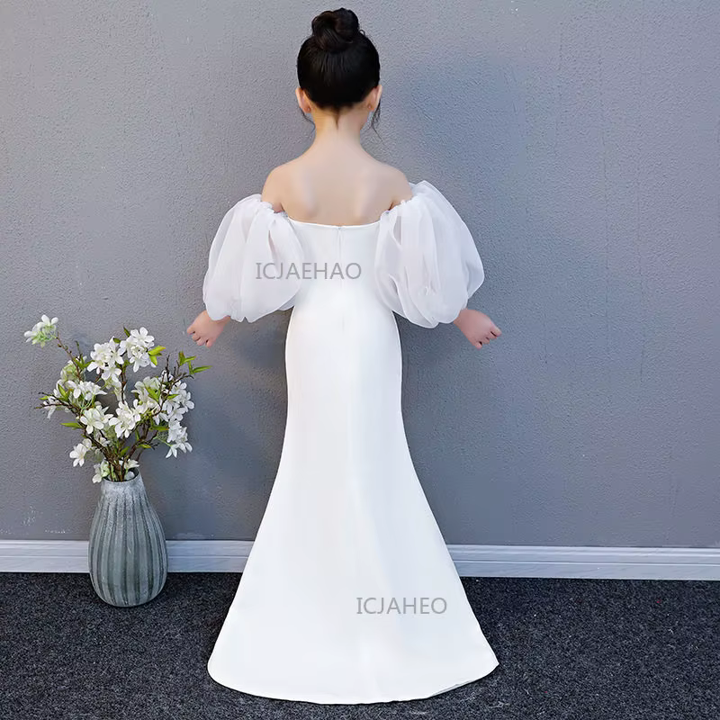Robe sirène blanche sans bretelles pour filles avec traîne, tenue de cérémonie pour fête, costume de