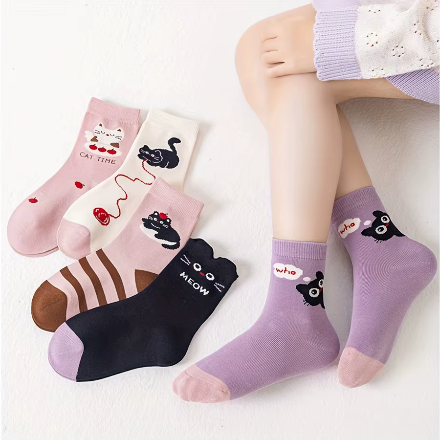 5 paires de chaussettes pour enfants dessin animé chaton mignon motif rayé toute l'année bébé garçon