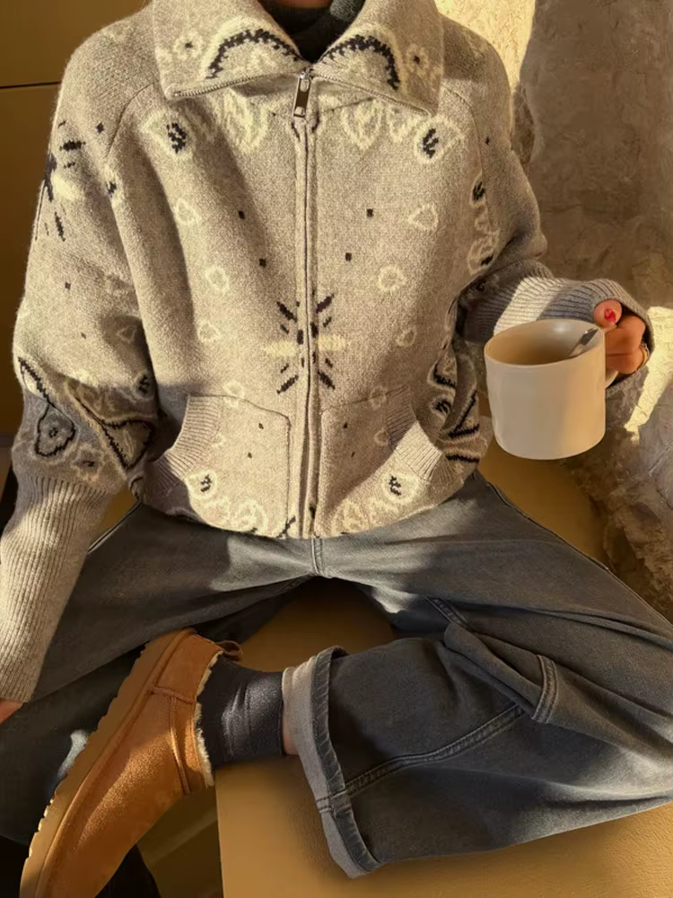 Cardigan Vintage en tricot Jacquard à col montant pour femme, fermeture éclair, manches longues, poc