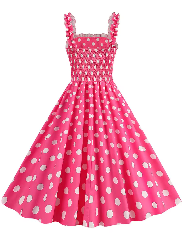Robe mi-longue froncée à pois roses pour femmes, bretelles spaghetti, vintage, décontracté, imprimé,