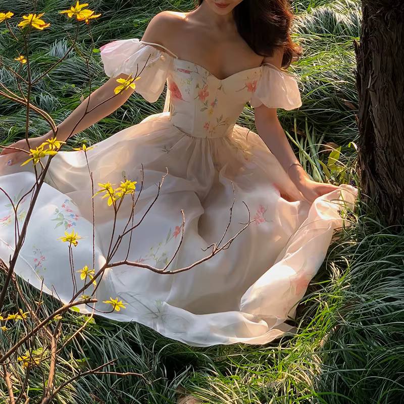 Une épaule bulle manches jarretelle robe florale été 2025 Style français jupe longue enfants robes d