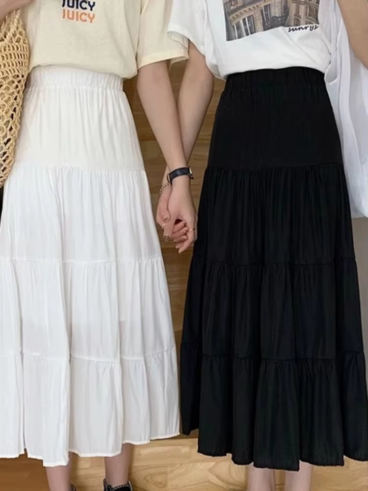 Jupe trapèze en mousseline de soie pour femme, vintage, taille haute, élastique, patchwork, blanc, n