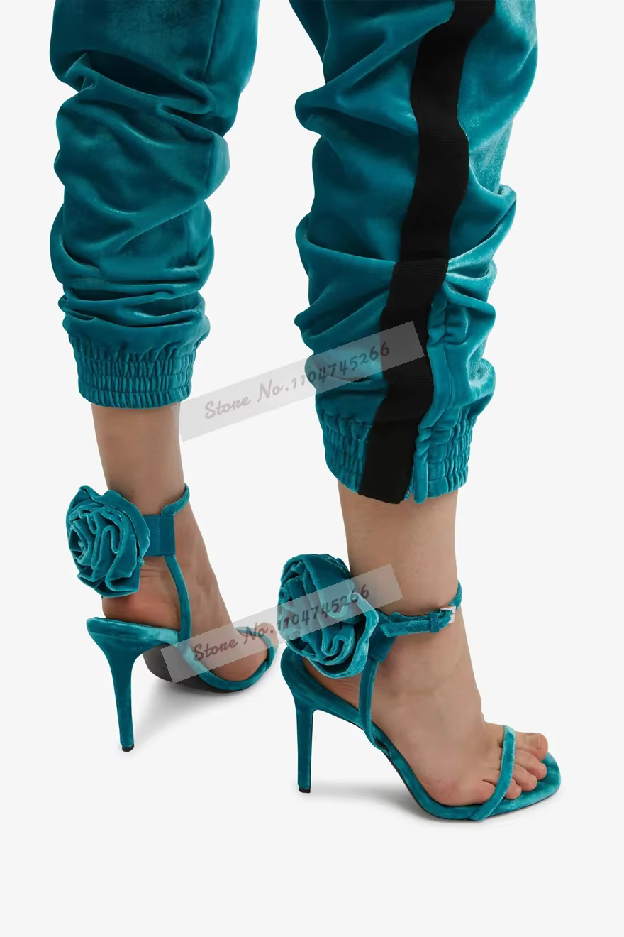 Sandales élégantes en velours turquoise à fleurs, talons fins, escarpins bordeaux à nœud papillon, c