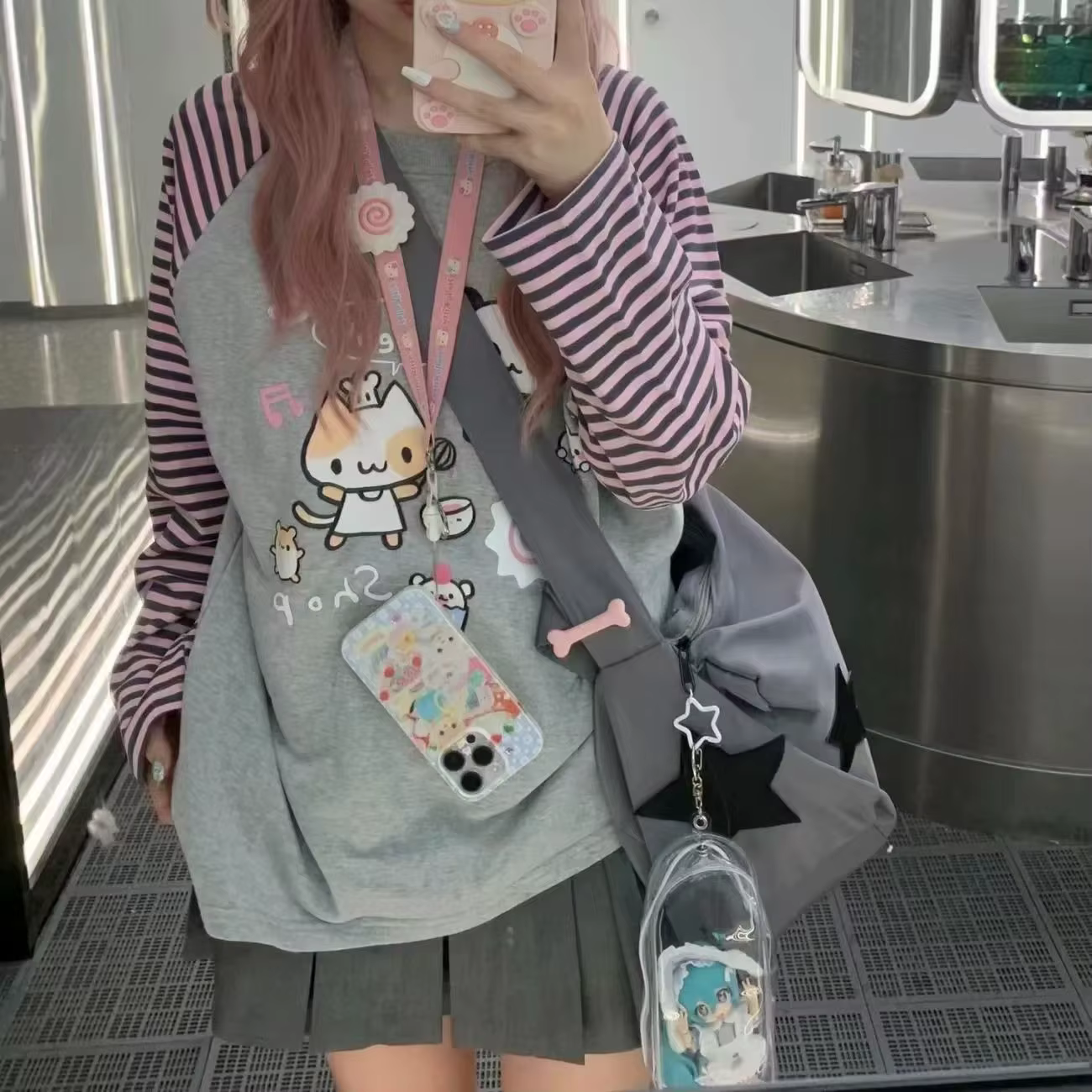 Japon Kawaii doux femmes T-Shirt col rond rayure Patchwork à manches longues dessin animé imprimé pu