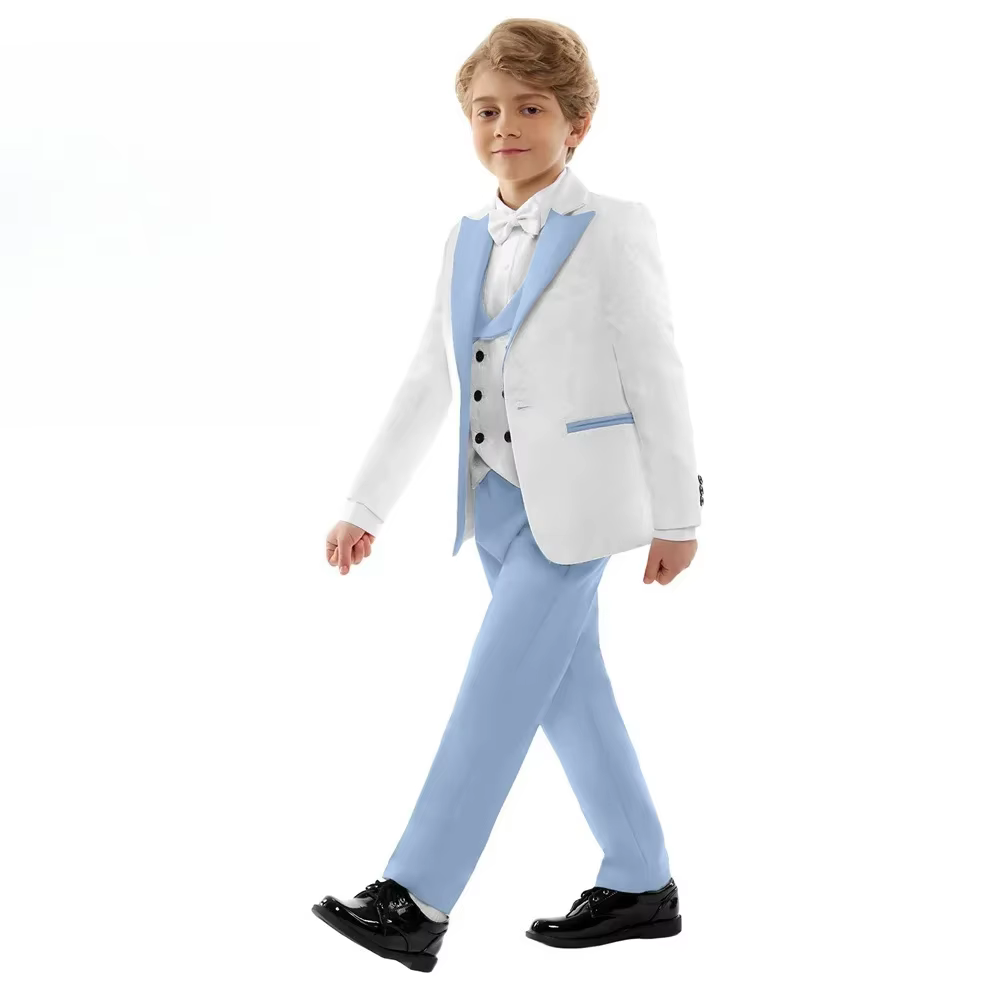Costume formel classique 4 pièces pour garçons, blanc et bleu ciel contrasté, blazer, gilet et panta
