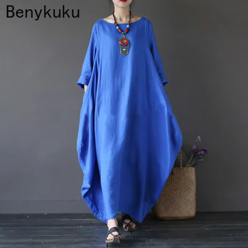 Vintage longue robe Maxi femmes à manches longues grande taille caftan Baggy ample coton lin robes d