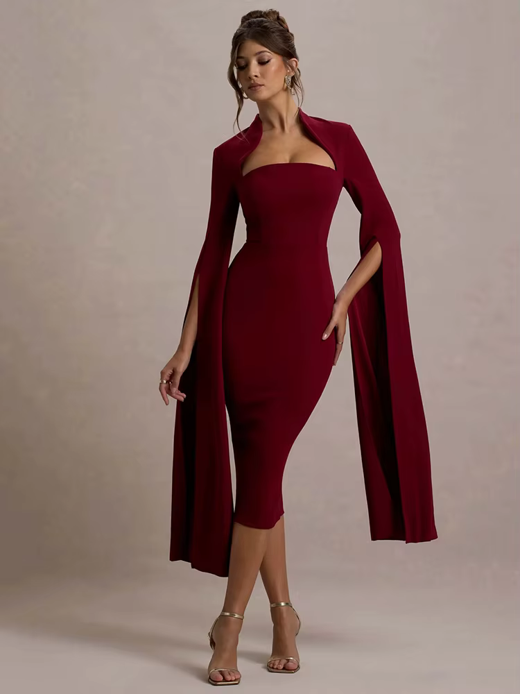 Mozision Cape à manches longues Sexy robe mi-longue pour les femmes automne hiver nouveau col carré