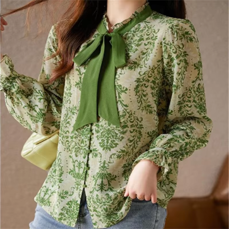 Chemise à volants avec nœud pour femme, manches lanterne, haut décontracté, col montant, ruban, chem
