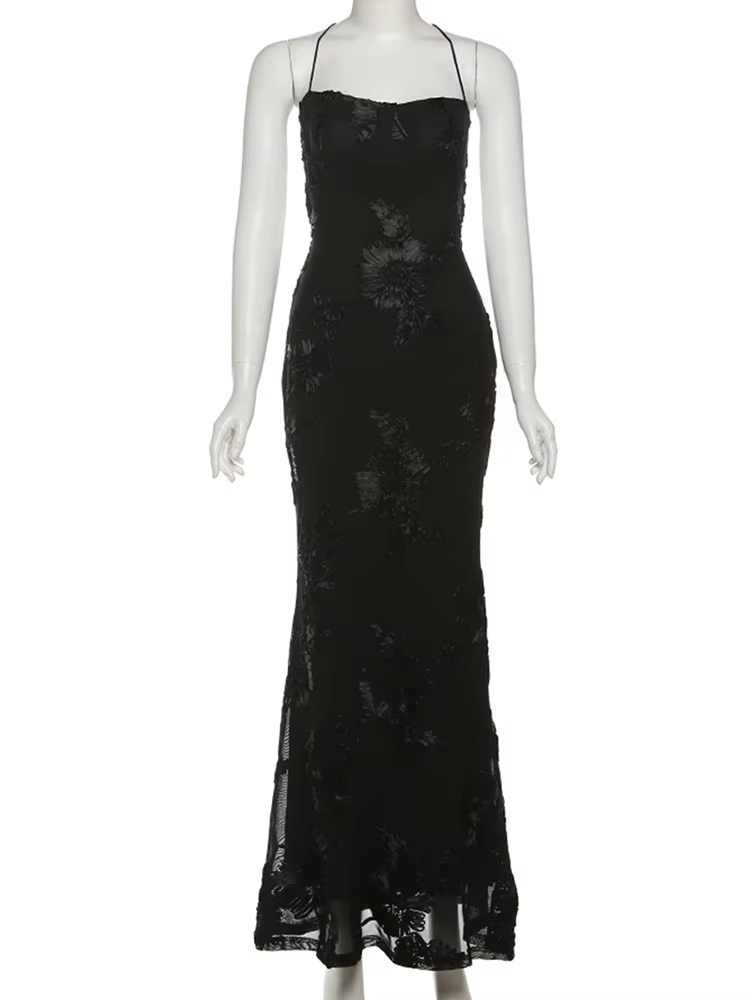 Nibber Élégant Fleur Broderie Maxi Robe Femmes Col Bas Croix Bandage Dos Nu D'été Rue Tendance Skinn