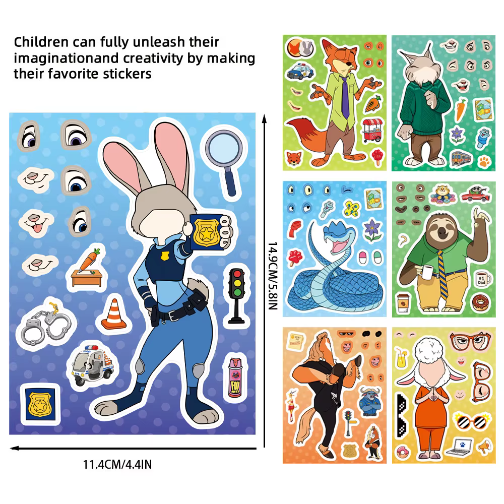 8/16 feuilles faire un visage Zootopia 2 Puzzle dessin animé autocollants bricolage Ryder Chase asse