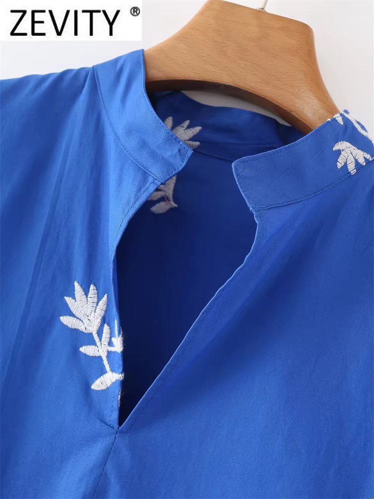 Zevity-Robe Mi-Longue Brodée Florale pour Femme, Vêtement à Plis, Décontracté, Bleu, Col Montant, Ma