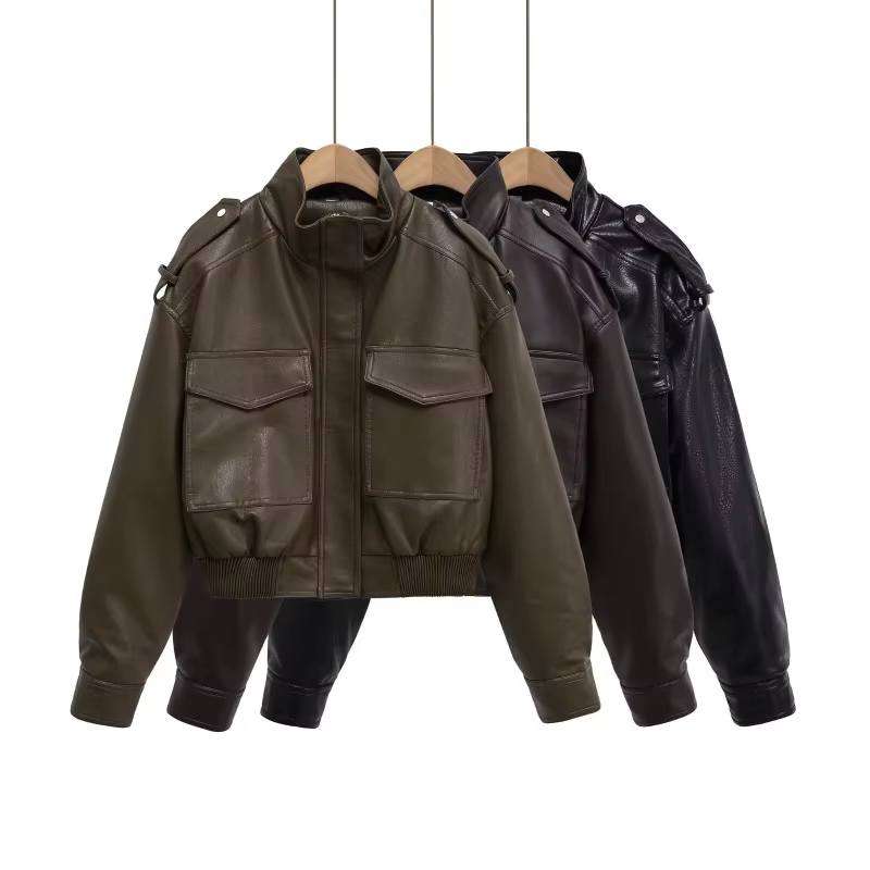ETJ 2025 Nouvelle collection femme : veste courte moto col montant Y2K grande poche veste en simili 