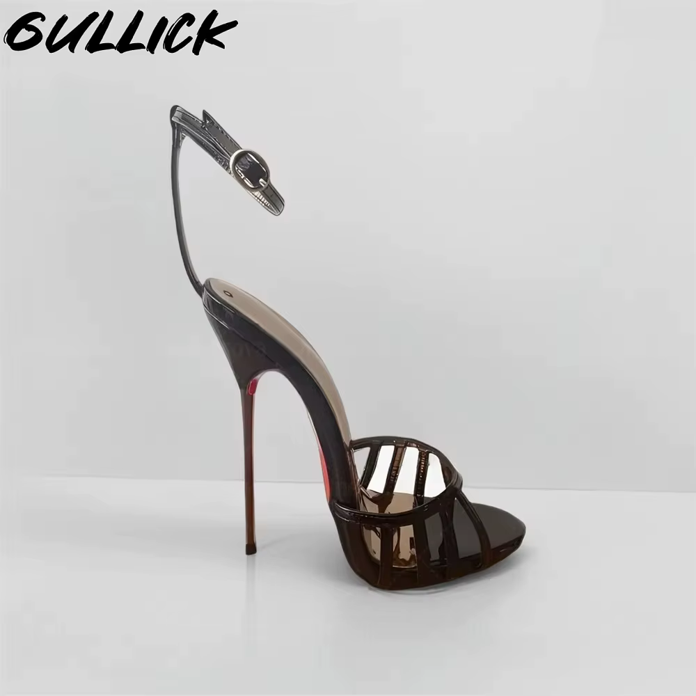 Sandales à lanières noires brillantes pour femmes, chaussures Stiletto élégantes avec boucle à la ch